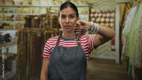 Canvas Print Woman in denim apron showing thumbs down with right hand and visible forearm among clothing racks in building; retail disapproval