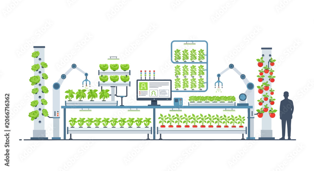 Fototapeta premium Smart Farming Vertical Hydroponic System with Robots and AI