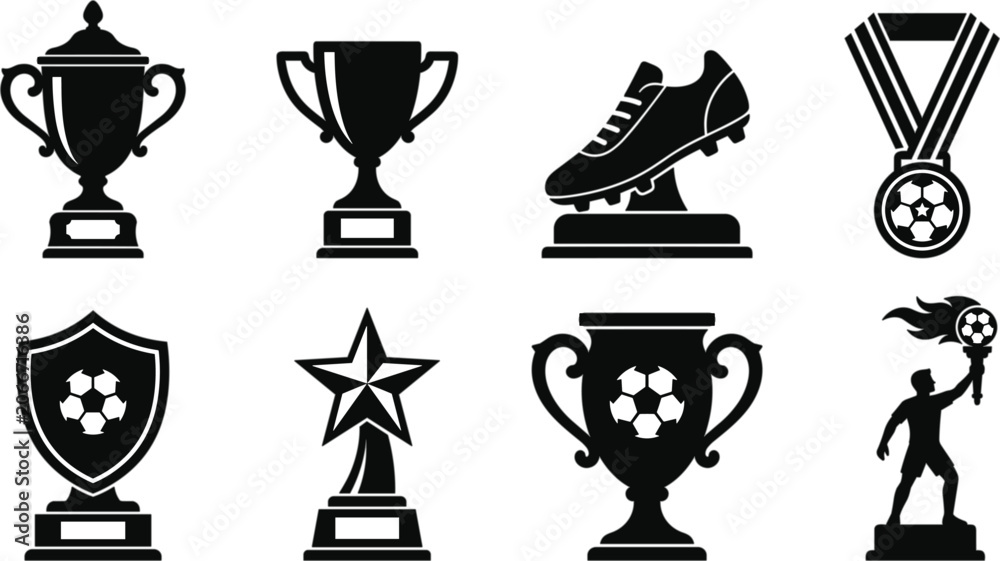 Fototapeta premium Football Award Icon Set Featuring Trophy Cup Medal Cleat Shield Badge Star Statue and Champion Symbols Vector