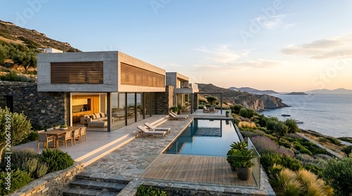 Luxury Modern Villa with Infinity Pool Overlooking the Aegean Sea at Sunset