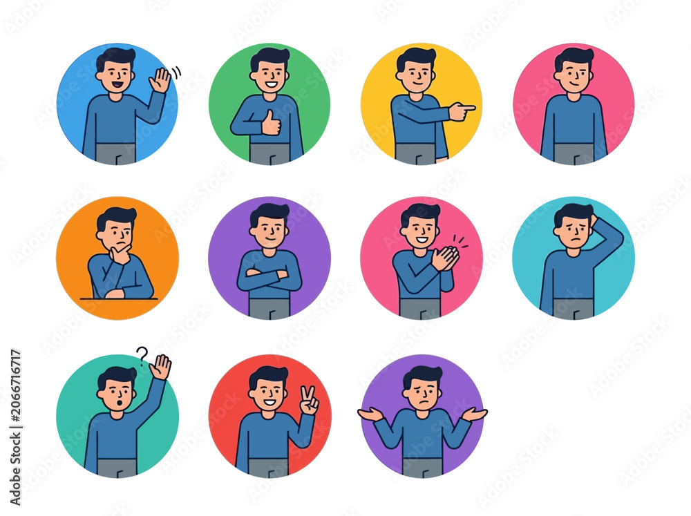 Fototapeta premium Flat vector icon set of human gestures: waving hand, thumbs up, pointing finger, hand on chin thinking pose, arms crossed standing pose, clapping hands, raised hand asking question