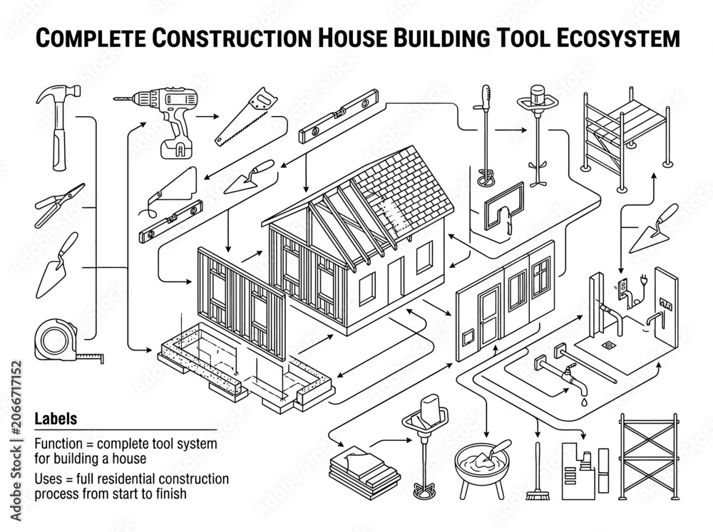 Obraz premium Isometric house construction tool ecosystem line art illustration.
