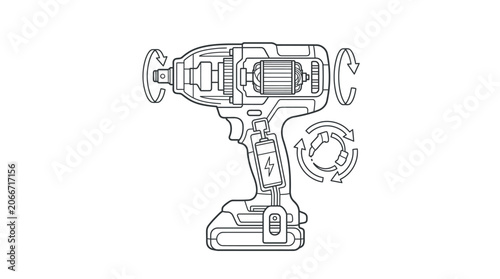 Bild auf Leinwand Internal mechanism schematic of cordless impact driver tool.