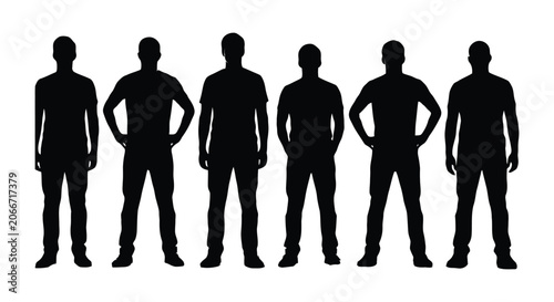 Silhouettes of six men standing in a row isolated on white background