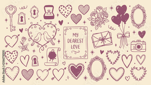 Fotografie Romantic hand-drawn purple love illustrations with hearts keys roses and My Dear