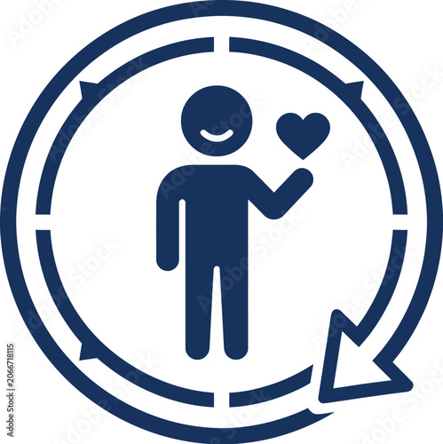 Silhouette icon represents a happy person holding a heart within a circular flow.