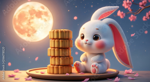 Adorable white rabbit sitting near stack of traditional chinese mooncakes on wooden tray.