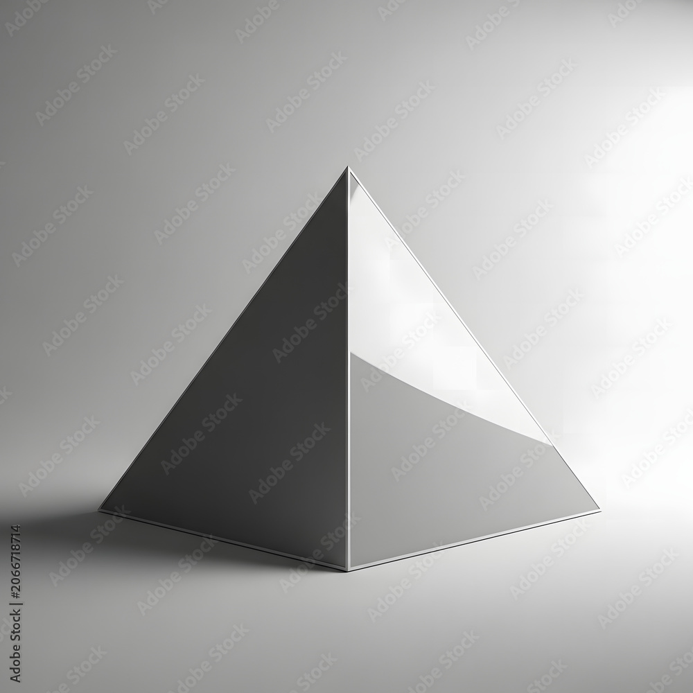 Fototapeta premium Shiny metallic pyramid standing on a smooth white surface with soft studio lighting and clean shadows