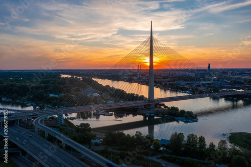 Ada Bridge at Sunset Over the Sava River in Belgrade, Serbia