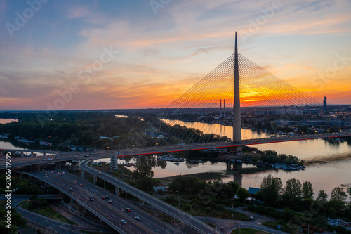 Ada Bridge at Sunset Over the Sava River in Belgrade, Serbia