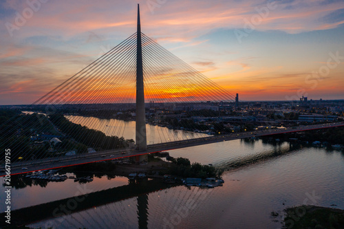 Ada Bridge at Sunset Over the Sava River in Belgrade, Serbia