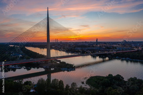 Ada Bridge at Sunset Over the Sava River in Belgrade, Serbia