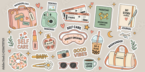 Obraz na płótnie Travel and Self-Care Aesthetic Collection: A vibrant and charming collection of stickers and illustrations depicting items essential for travel and personal well-being, including luggage, passports