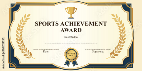 Obraz na plátně Sports Achievement Award Certificate: An elegant certificate designed to honor athletic accomplishments, featuring a golden trophy icon, laurel wreaths, and space for recipient details, date