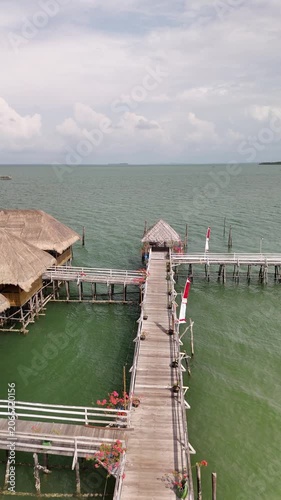 Aerial View of Wooden Pier & Hut Structures, Batam, Indonesia, 4K