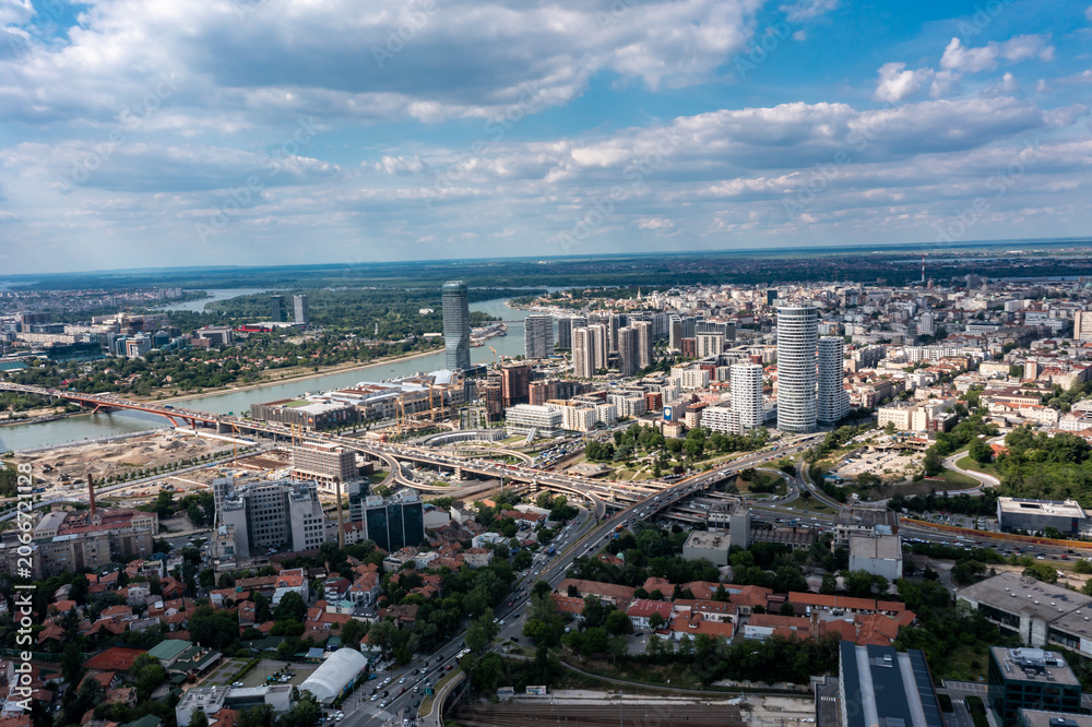 Fototapeta premium Panoramic Aerial View of Belgrade Skyline and Mostar Interchange, Serbia