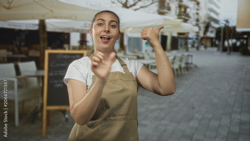 Fototapeta premium Woman in apron gestures with hands and points thumbs at a chalkboard menu outside a street cafe patio; playful communication.