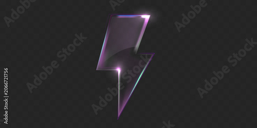 Transparent glass shape. Glowing purple lightning bolt with neon edges 