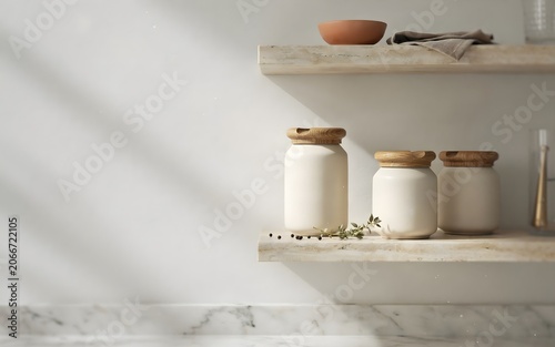 Minimalist beige ceramic storage canisters with flat wooden lids arranged neatly on stone floating shelves