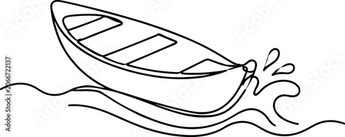 Schilderij op canvas Minimal one line canoe boat illustration with paddle in black outline style isolated on light background