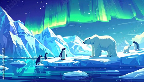 Arctic scene with polar bear, penguins, and aurora borealis