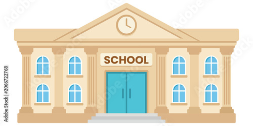 Cuadro en lienzo Classical School Building Entrance: A stylized illustration depicts a traditional school building with classical architecture, featuring large double doors, symmetrical windows, and a clock tower