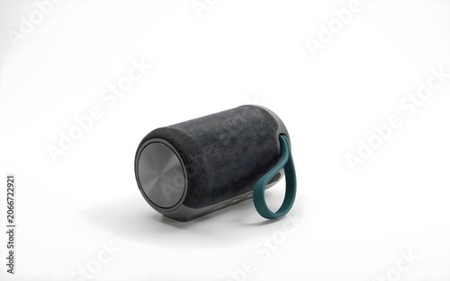 Compact black fabric Bluetooth speaker resting on its side showing a rubber carry strap and a brushed metal base