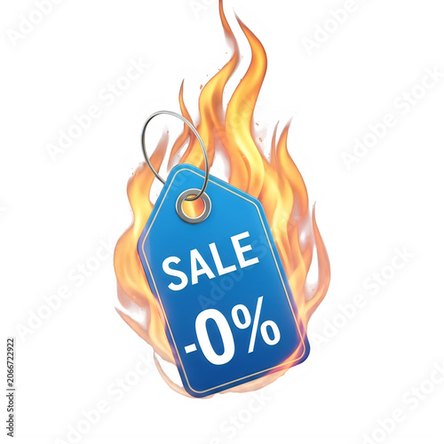 Blue sale tag with zero percent discount surrounded by bright orange fire flames