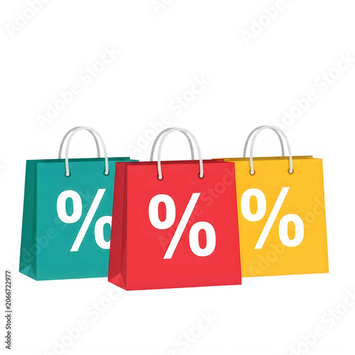 Three colorful paper shopping bags with percentage sale discount signs for retail