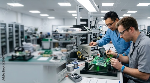 Obraz na płótnie Two electronics engineers testing a circuit board in a research lab