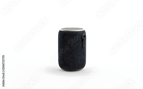 Small dark grey smart speaker with a woven textile exterior and a silver top trim standing on a plain white surface