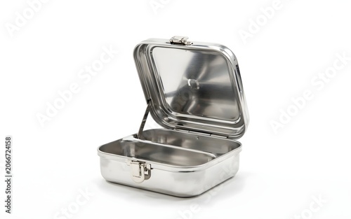 Open metallic food container with a built in divider and metal clasp latch isolated on a seamless bright background
