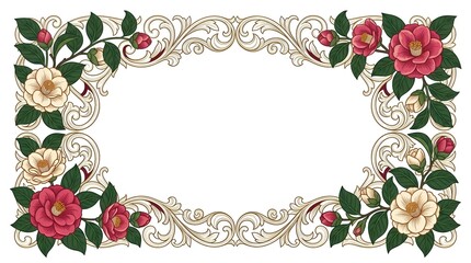 Floral Decorative Frame with Camellia Blossoms and Ornate Scrolls