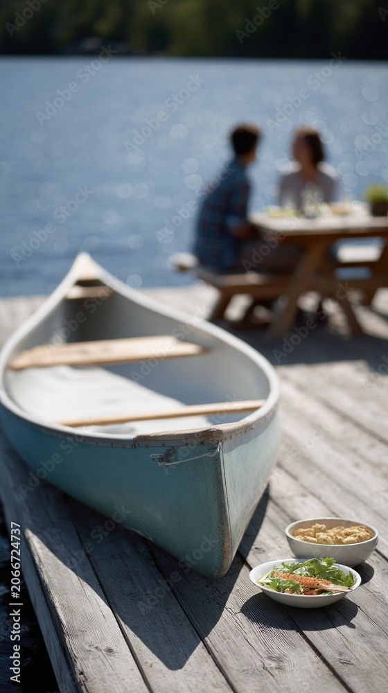 Obraz premium Canoe and Fresh Food on Dock with Couple Dining by Sparkling Lake