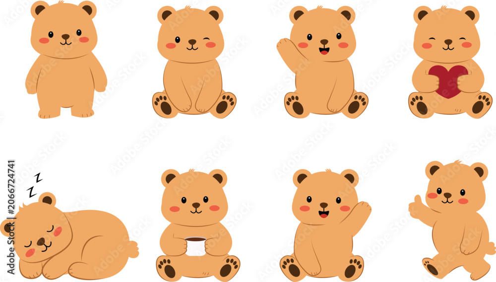 Fototapeta premium Adorable Collection of Cute Cartoon Bear Characters Posing and Expressing Various Emotions and Actions, Perfect for Children's Designs and Sweet Themes