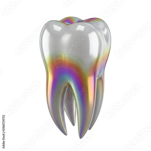 Shiny human tooth with colorful holographic metallic texture effect