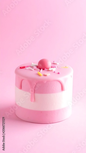 Pink frosted cupcake with sprinkles on white background.
