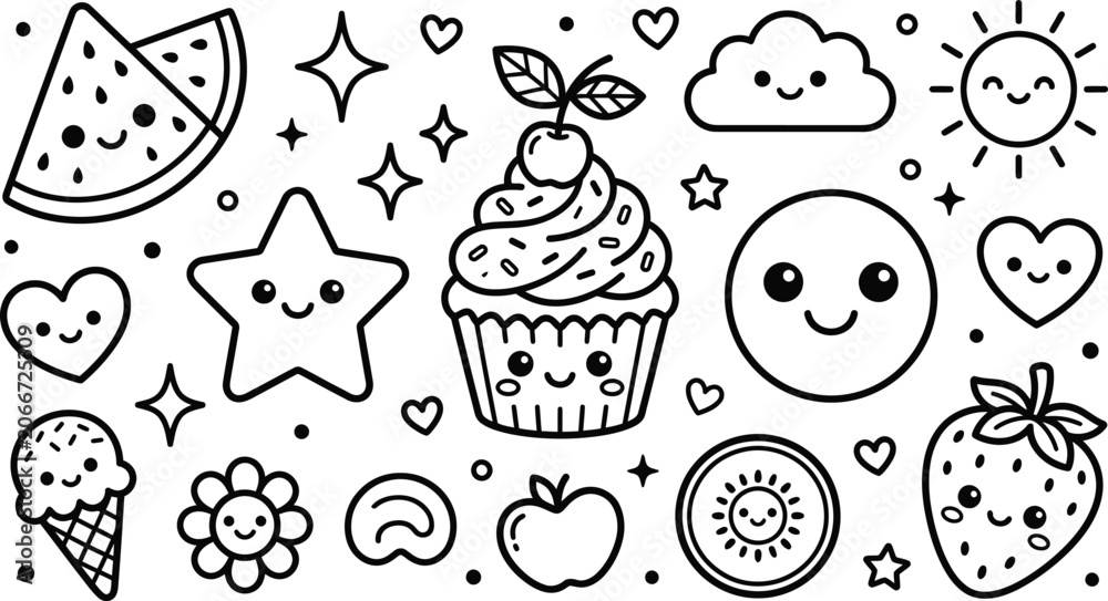 Fototapeta premium Cute kawaii food doodle set with cupcake fruit stars and hearts, watermelon