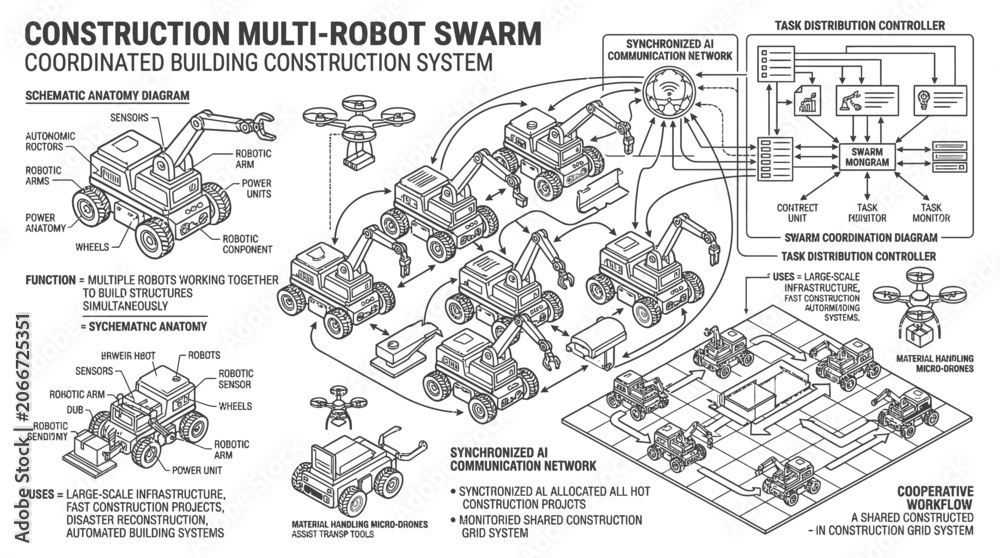 Obraz premium Construction multi-robot swarm coordinated building system diagram.