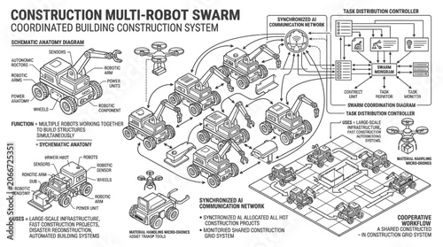 Vászonkép Construction multi-robot swarm coordinated building system diagram