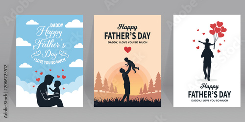 Photos Fathers Day Card Set: A collection of three heartwarming cards celebrating Father's Day, featuring silhouettes of fathers and children, heartfelt messages