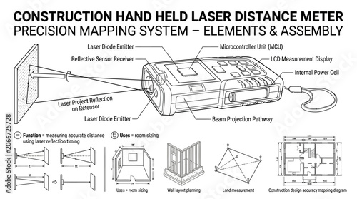 Canvas Print Handheld laser distance meter assembly and usage elements.