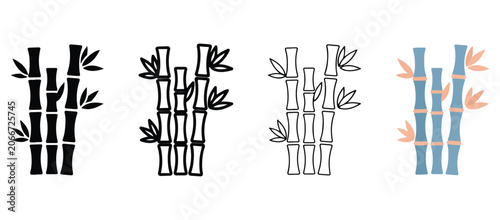Bamboo stalks with leaves in different line styles and colors on white background  illustrations of various bamboo designs