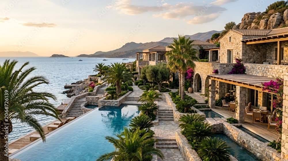 Fototapeta premium Luxury Mediterranean Resort with Infinity Pool and Ocean View at Sunset