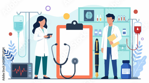 Obraz na plátně Healthcare professionals with medical equipment in hospital room illustration