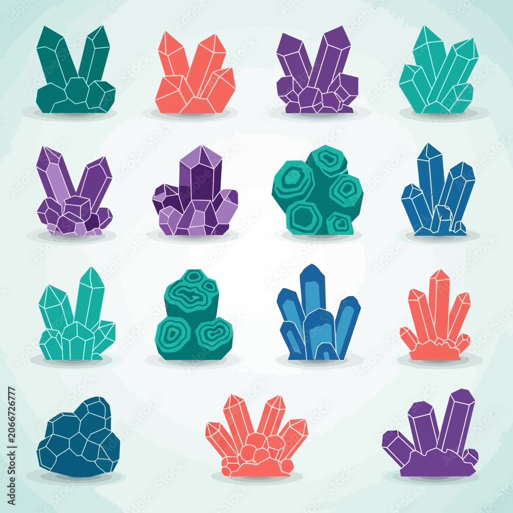 Fototapeta premium Vibrant crystal clusters in various colors for design projects