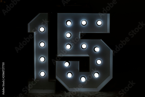 Illuminated marquee number 15 sign with light bulbs for debut birthday party