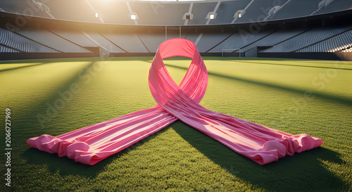 Pink ribbon on green grass of stadium, symbolizing awareness and support for breast cancer.