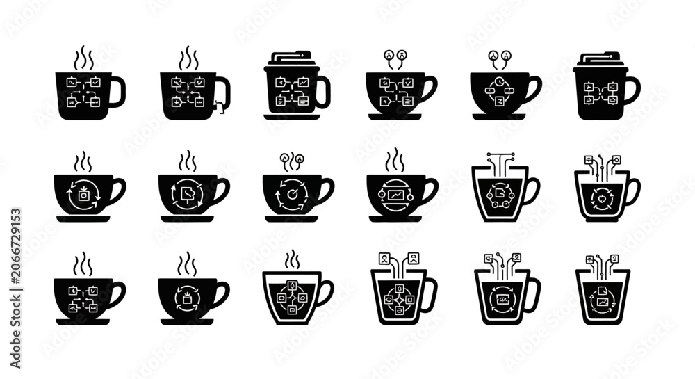 Fototapeta premium Data processing and workflow automation icons inside coffee cups depicting complex technical systems and algorithmic structures for technology software design