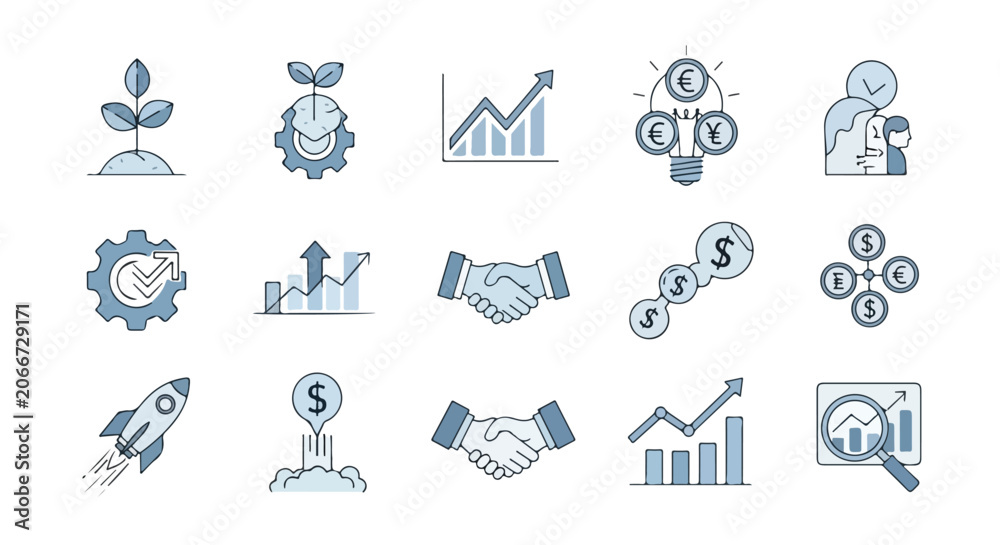 Fototapeta premium This collection features fifteen hand-drawn business icons in blue and grey, illustrating concepts like growth, finance, teamwork, and innovation.